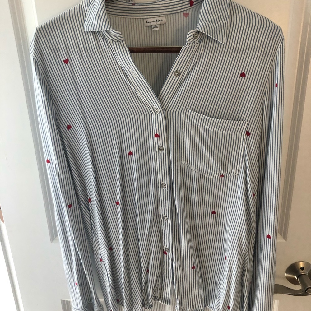 Blue and white striped button down with red hearts
